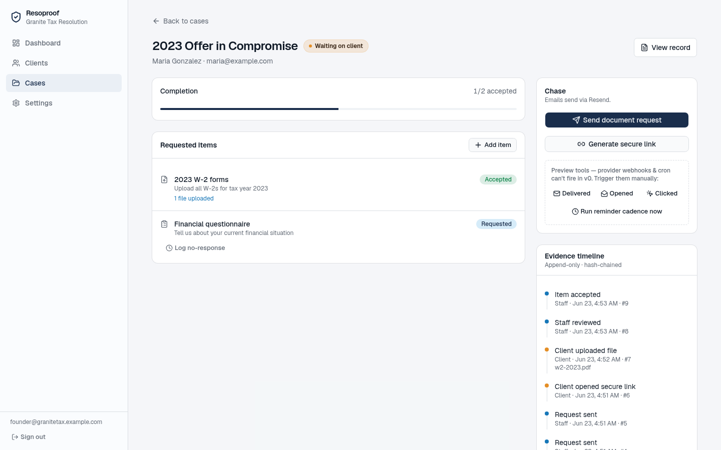 CaseAgents case console — items checklist, evidence timeline, and chase controls